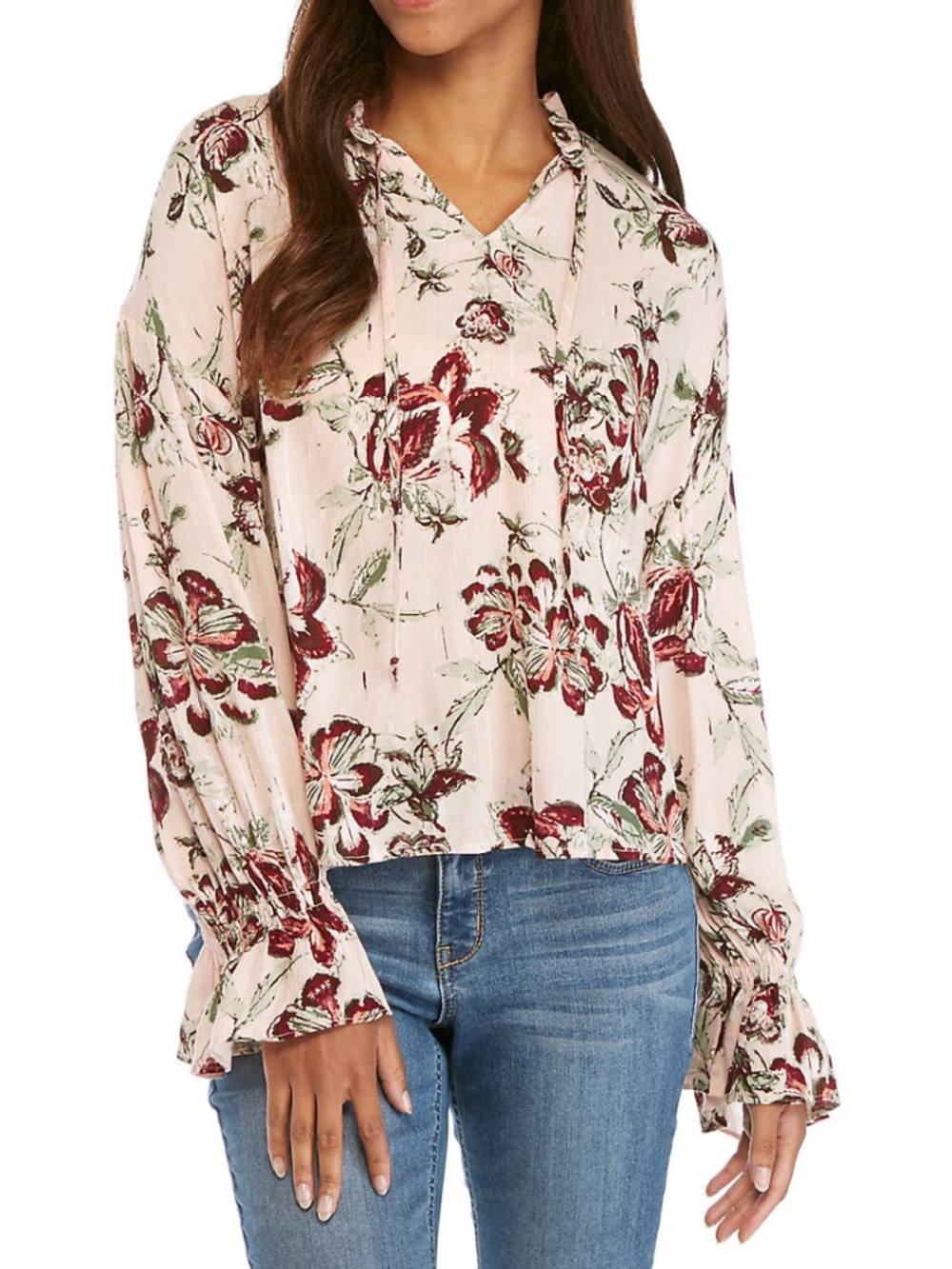 new directions Blush Floral Tie-Neck Ruffle Cuff Blouse